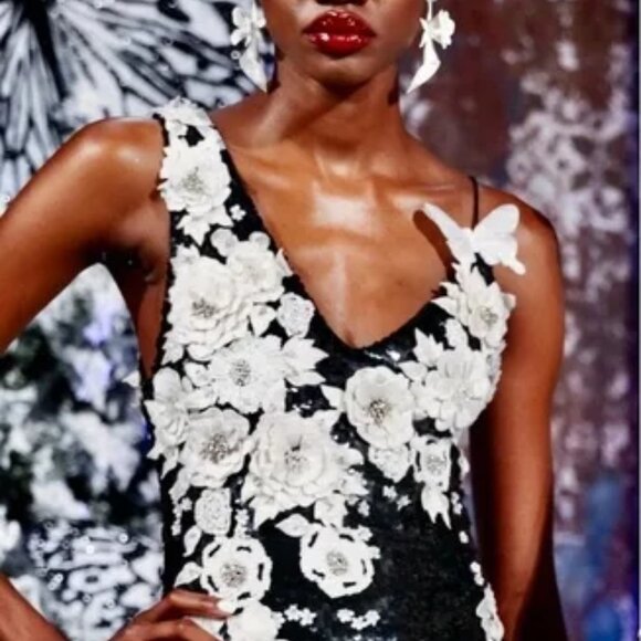 Alice+Olivia FRANCIE Asymmetric Floral Appliques Sequin Embellished Fitted Dress - Picture 6 of 16